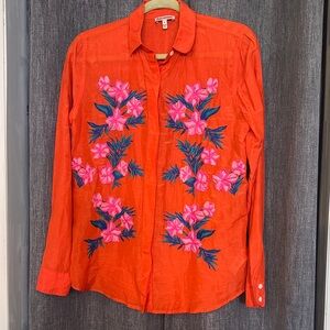 Juicy Couture Sheer Orange Button-Down Shirt with Floral Embroidery